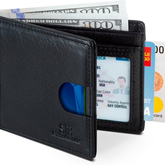 RFID Blocking Minimalist Bifold Wallet for Men - Genuine Leather Jet Black